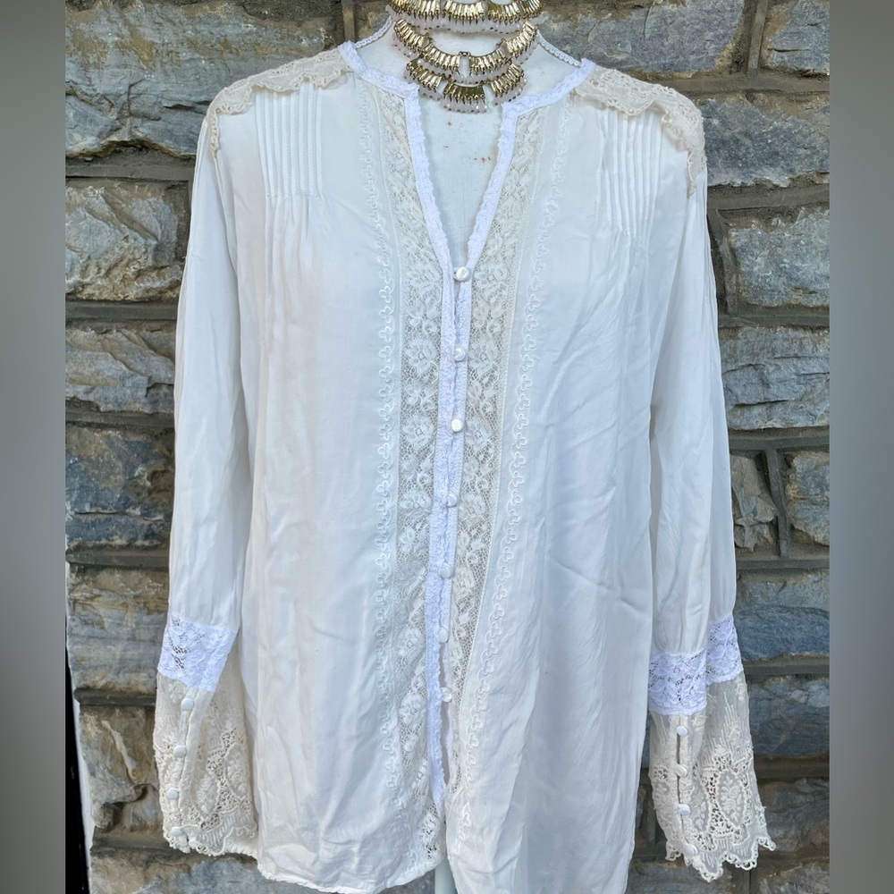 Johnny Was | Love Ivory + Ecru Lace-Trim Pintuck Victorian Boho Romantic Top S - Picture 3 of 16